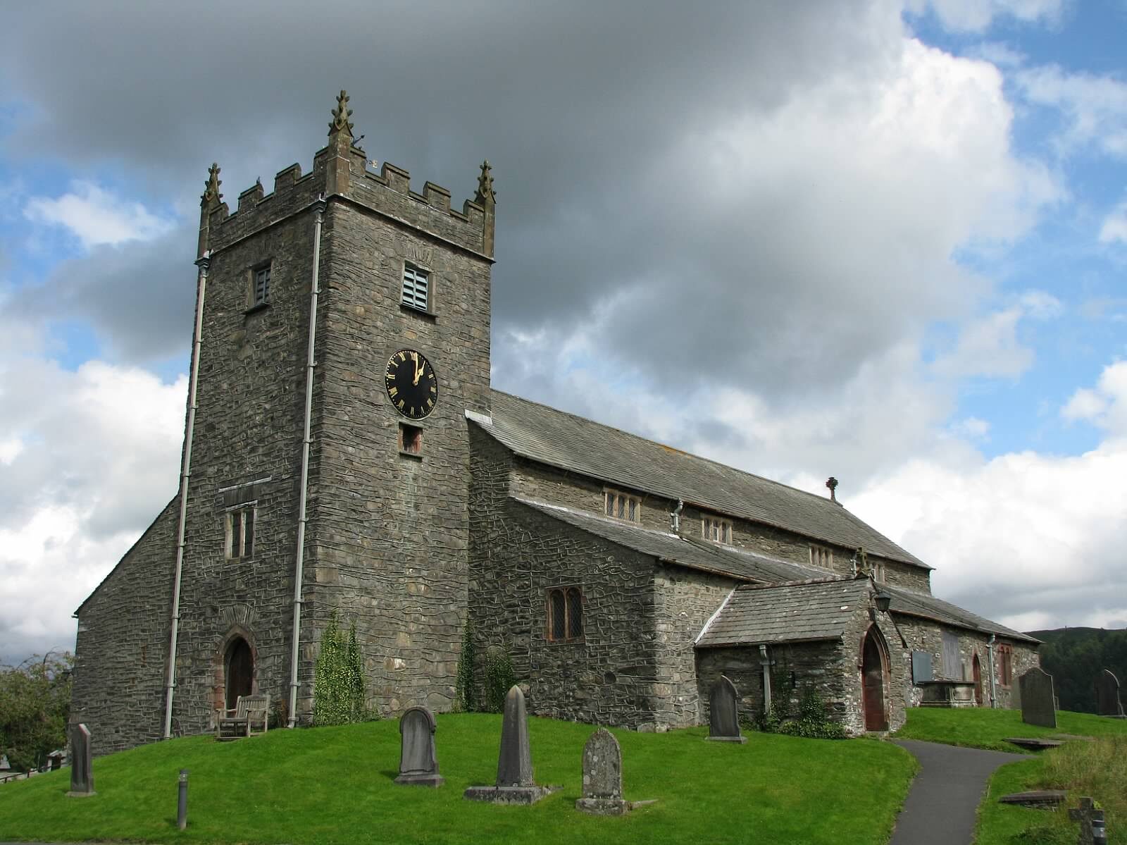 Image of church with a cloudy blue sky and green churchyard.